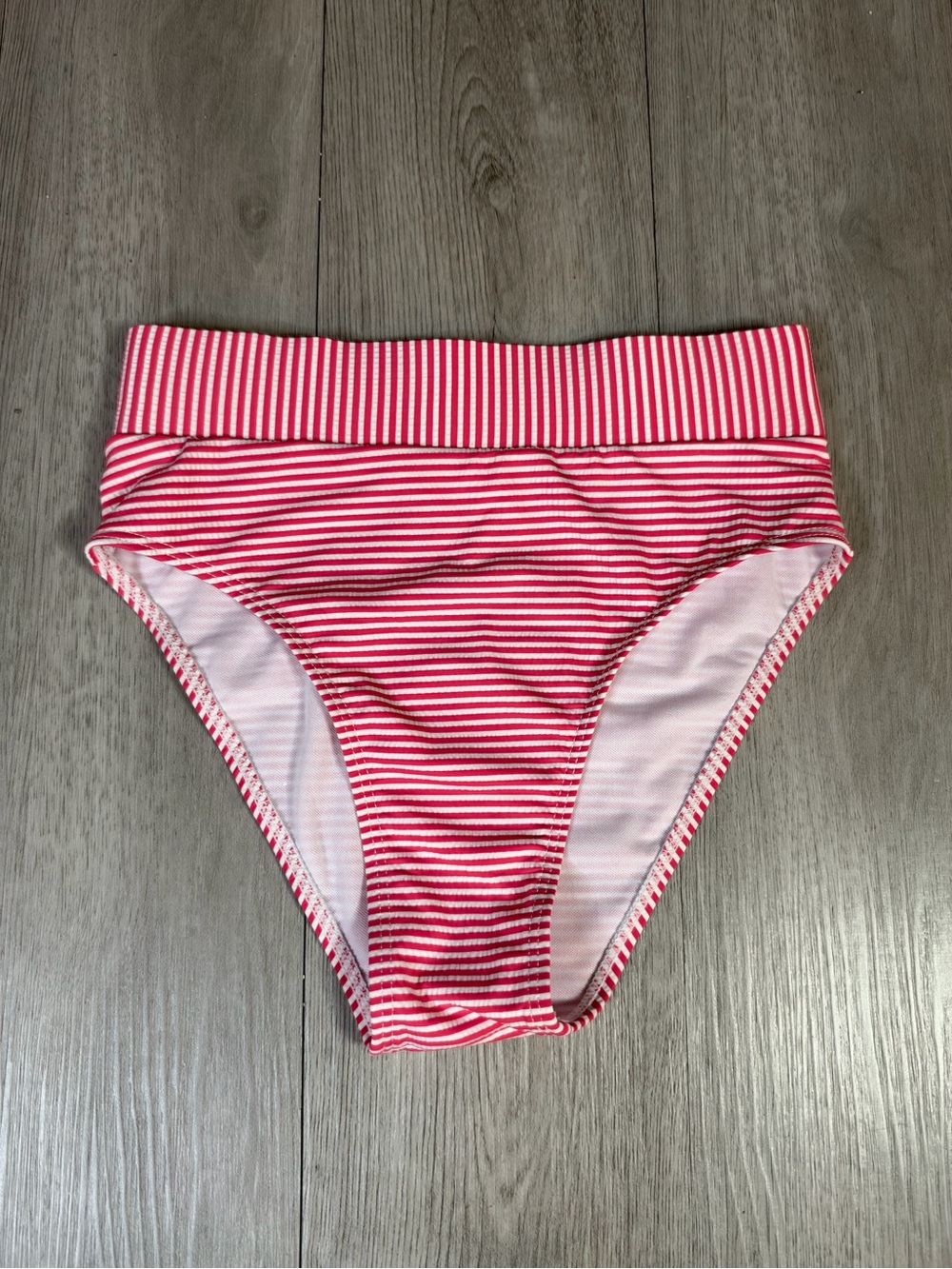 Pink Lily Pink White Striped High Waisted Seersucker Swim Bottom XS.